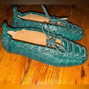 Ganni Lace-Up Ballerinas in green croco